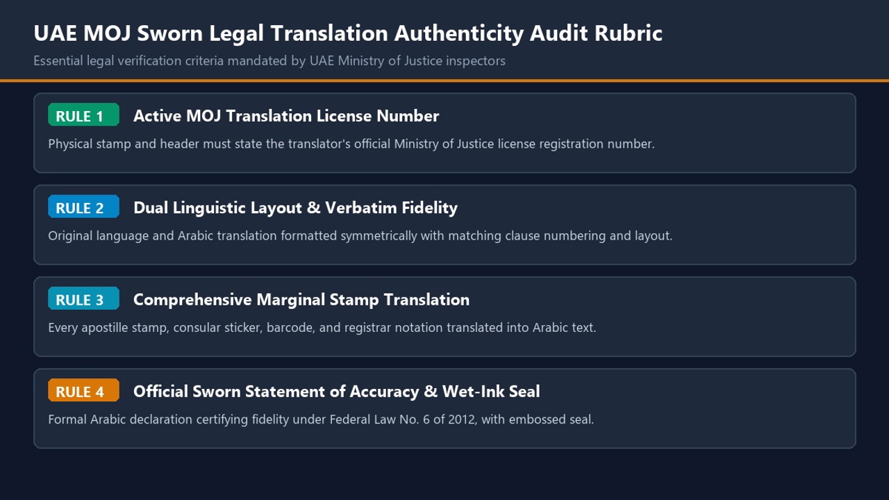 UAE MOJ Sworn Legal Translation Authenticity Audit Rubric Diagram