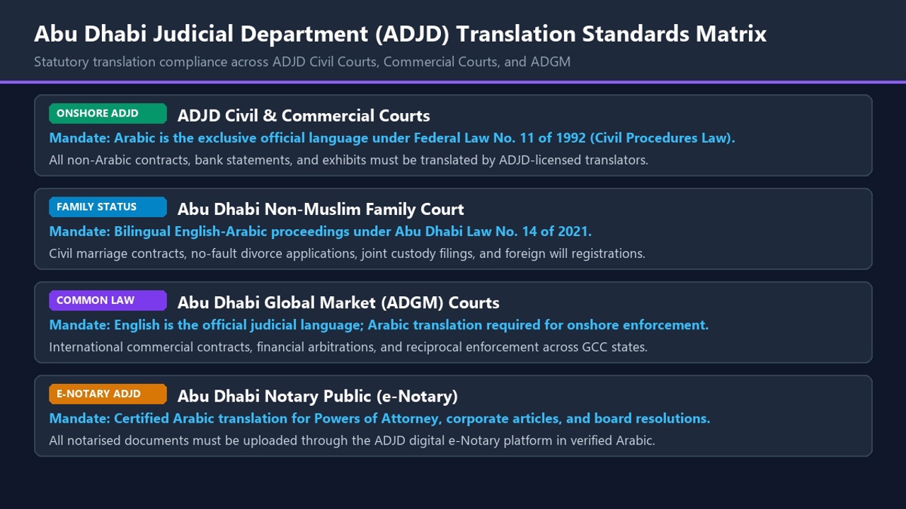 ADJD Abu Dhabi Court Translation Standards and Judicial Compliance Matrix