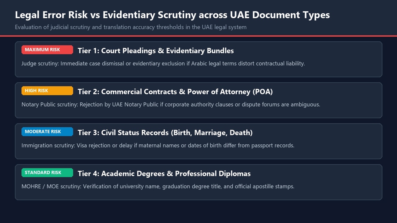 Legal Error Risk vs Evidentiary Scrutiny across UAE Document Types Chart